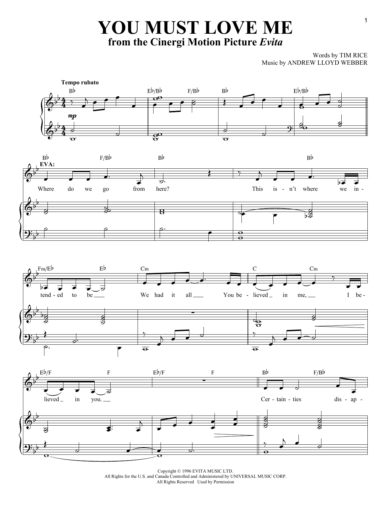 Download Andrew Lloyd Webber You Must Love Me (from Evita) Sheet Music