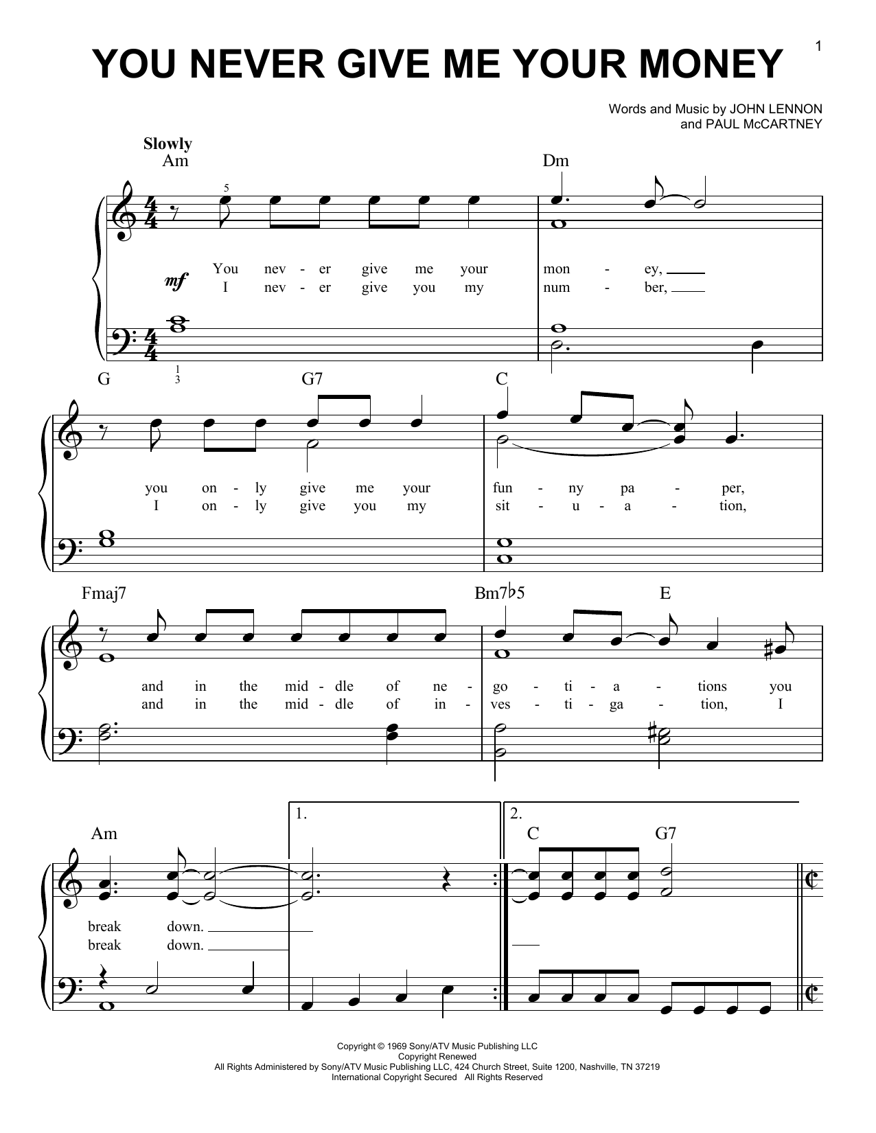 Download The Beatles You Never Give Me Your Money Sheet Music