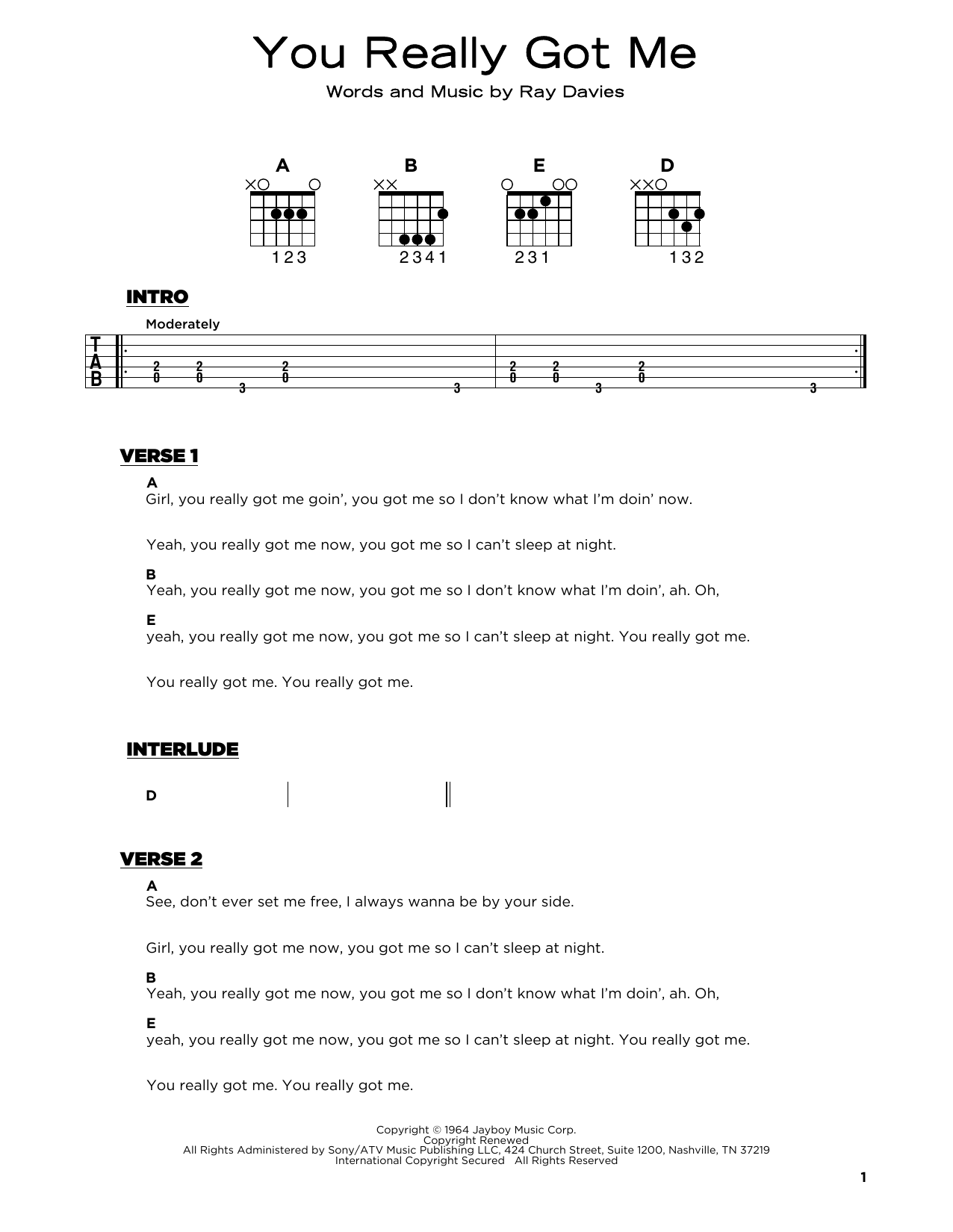 Download The Kinks You Really Got Me Sheet Music