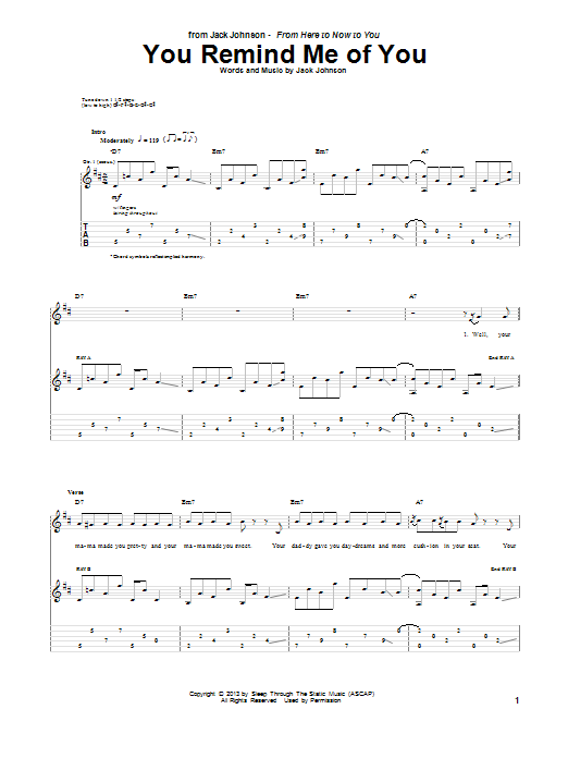 Download Jack Johnson You Remind Me Of You Sheet Music