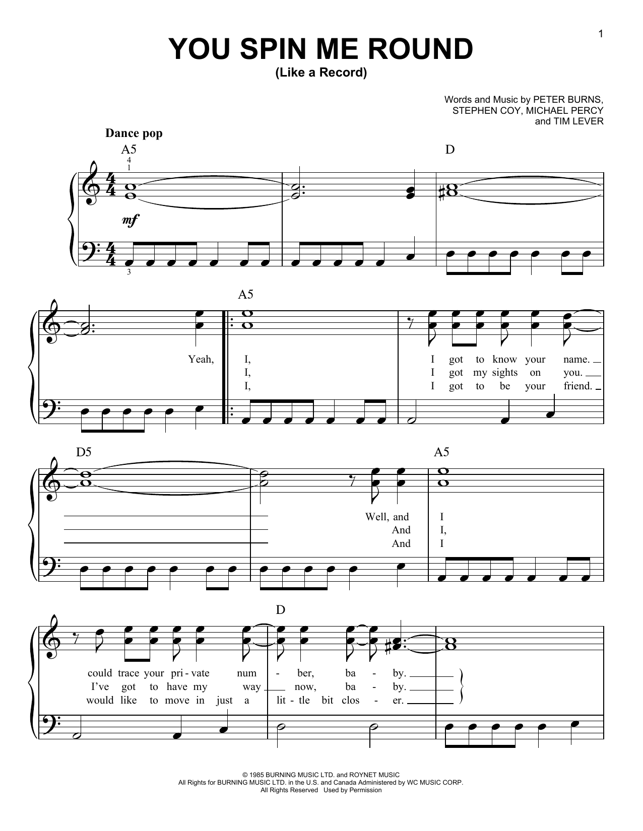 Download Dead Or Alive You Spin Me Round (Like A Record) Sheet Music