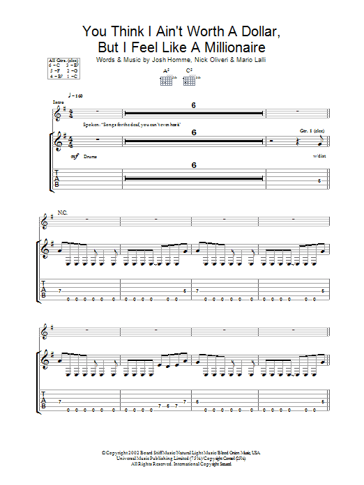 Download Queens Of The Stone Age You Think I Ain't Worth A Dollar, But I Sheet Music