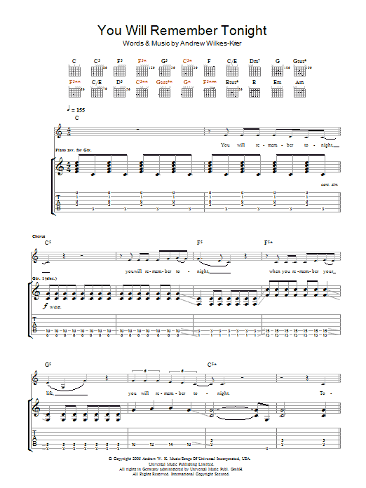 Download Andrew WK You Will Remember Tonight Sheet Music