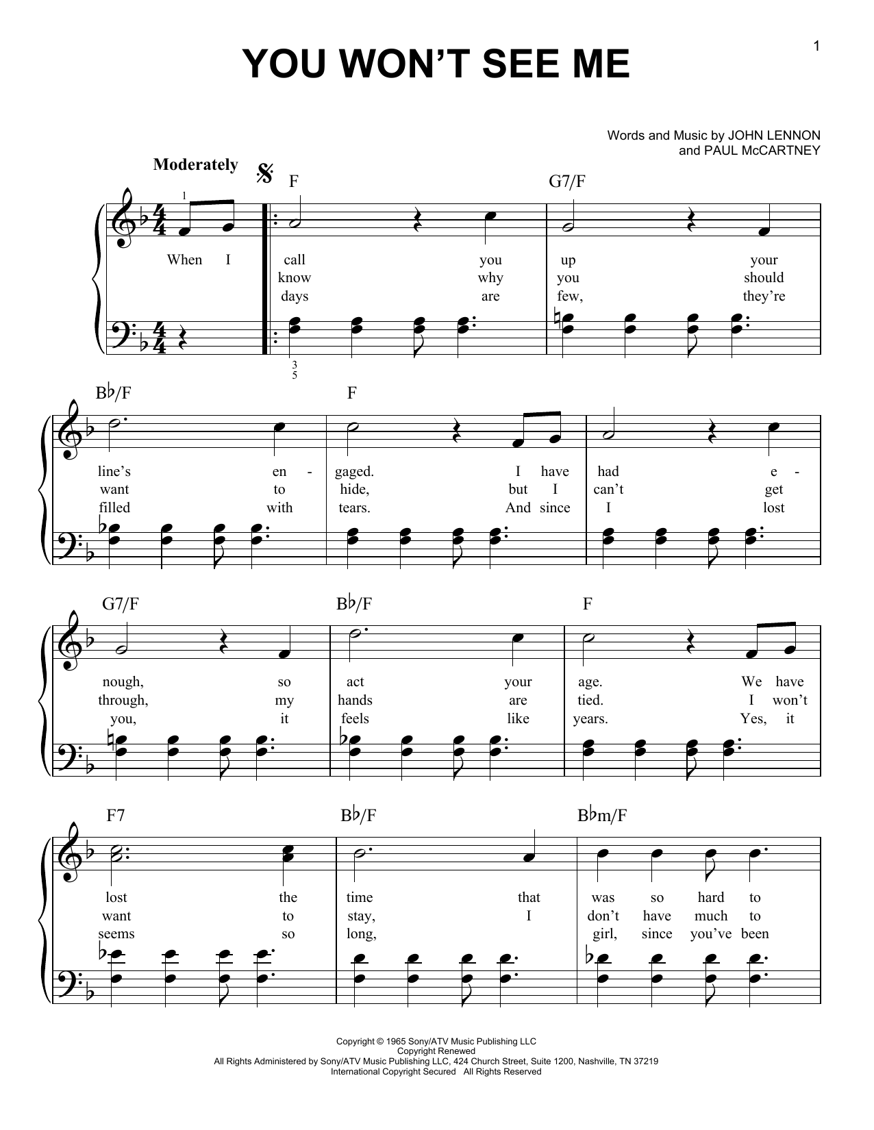 Download The Beatles You Won't See Me Sheet Music