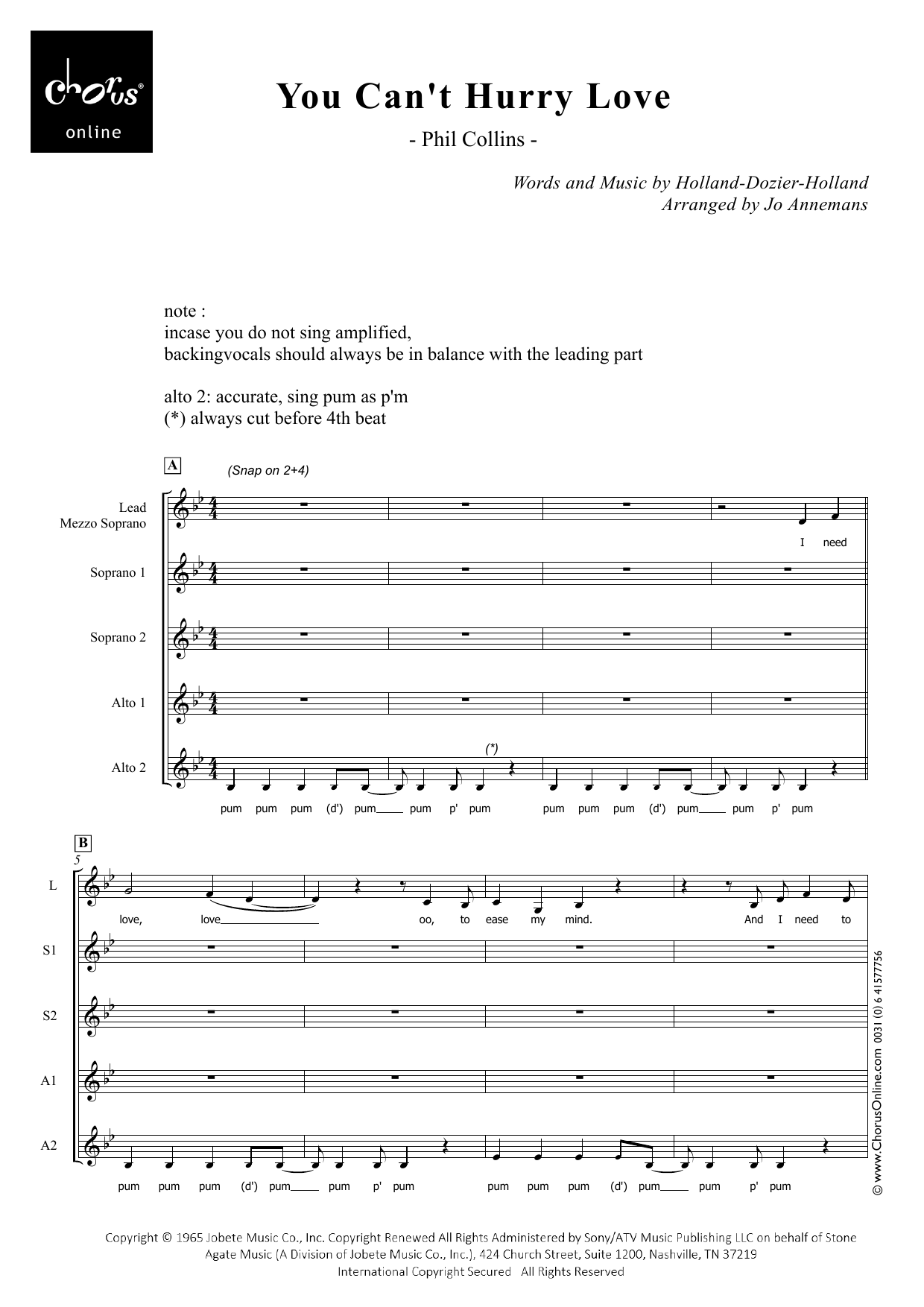 Phil Collins You Can't Hurry Love (arr. Jo Annemans) sheet music notes printable PDF score