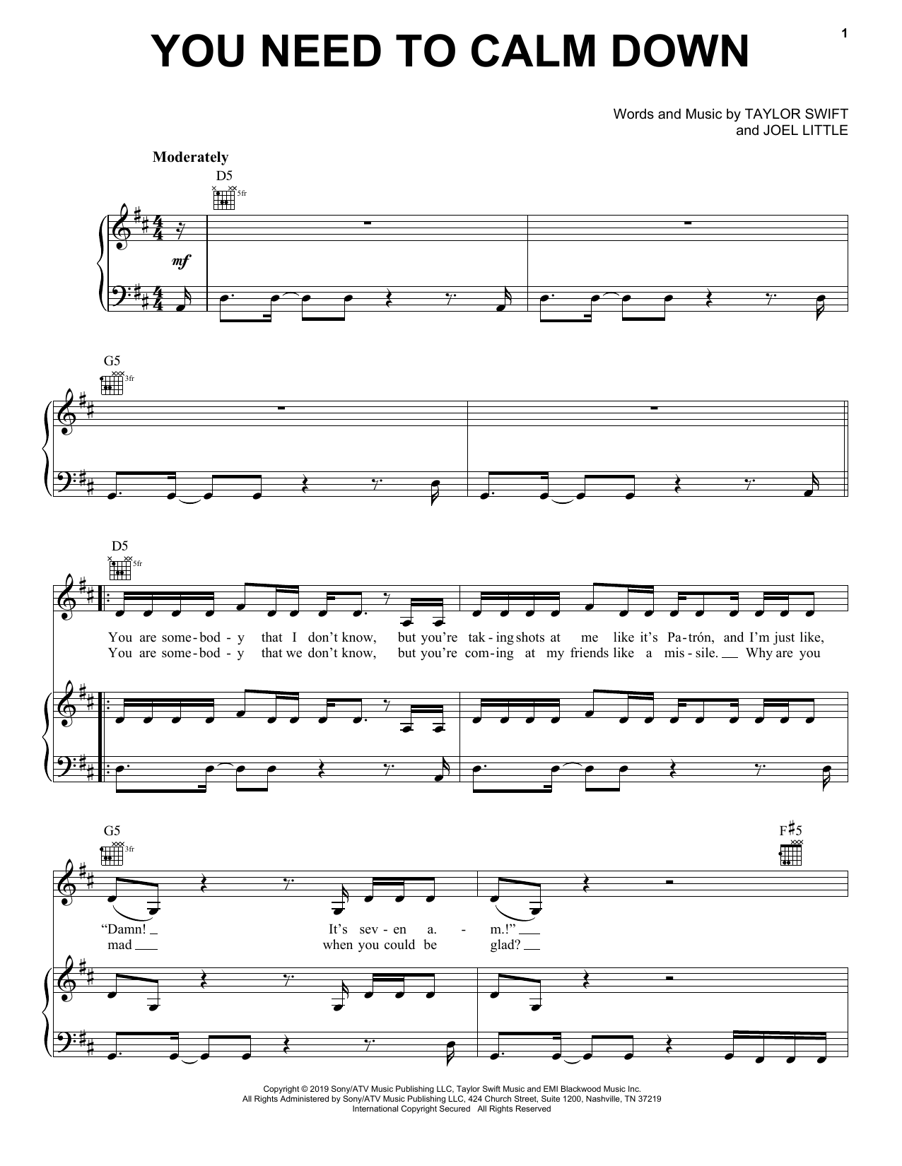 Download Taylor Swift You Need To Calm Down Sheet Music