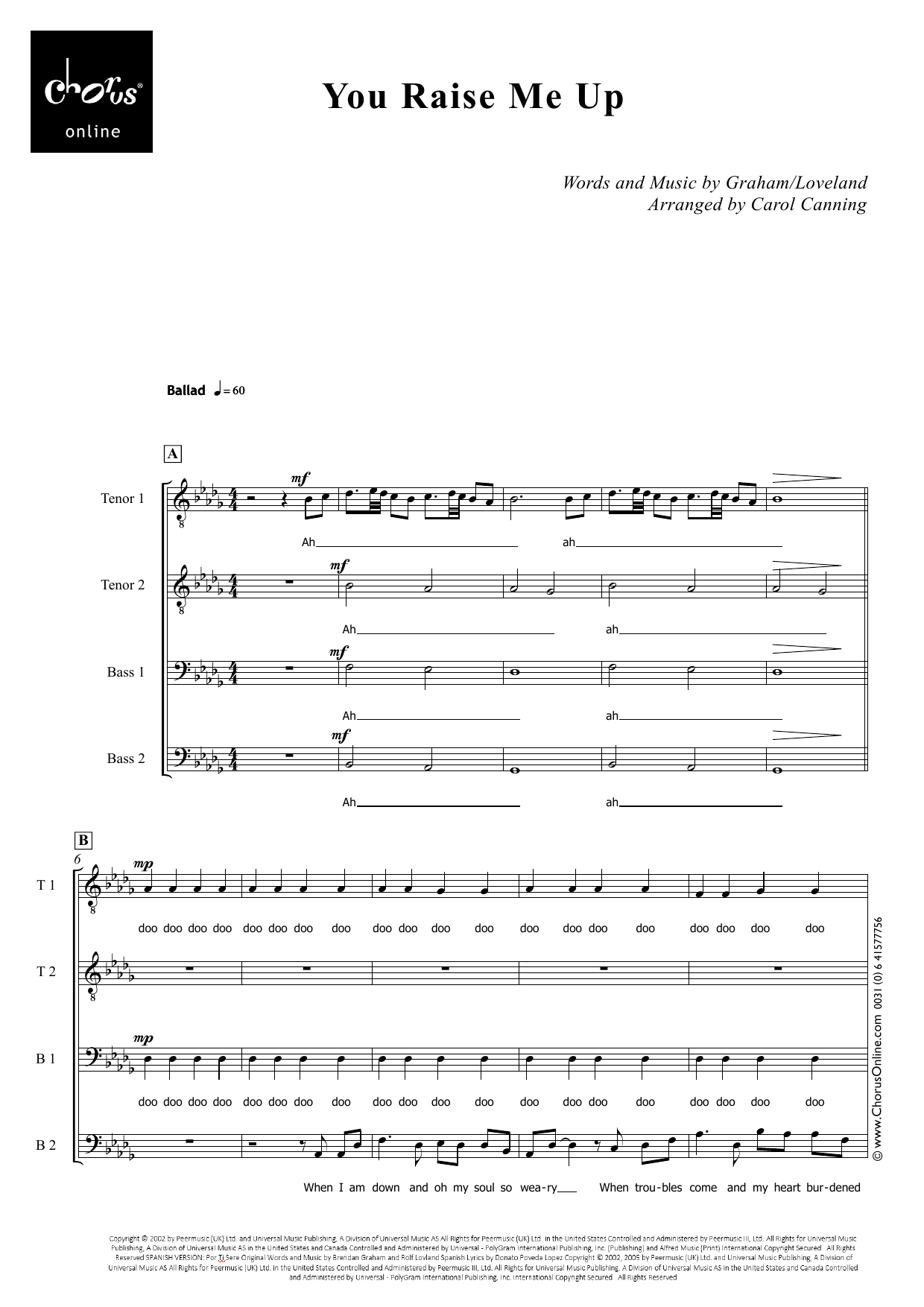 Josh Groban You Raise Me Up (arr. Carol Canning) sheet music notes printable PDF score