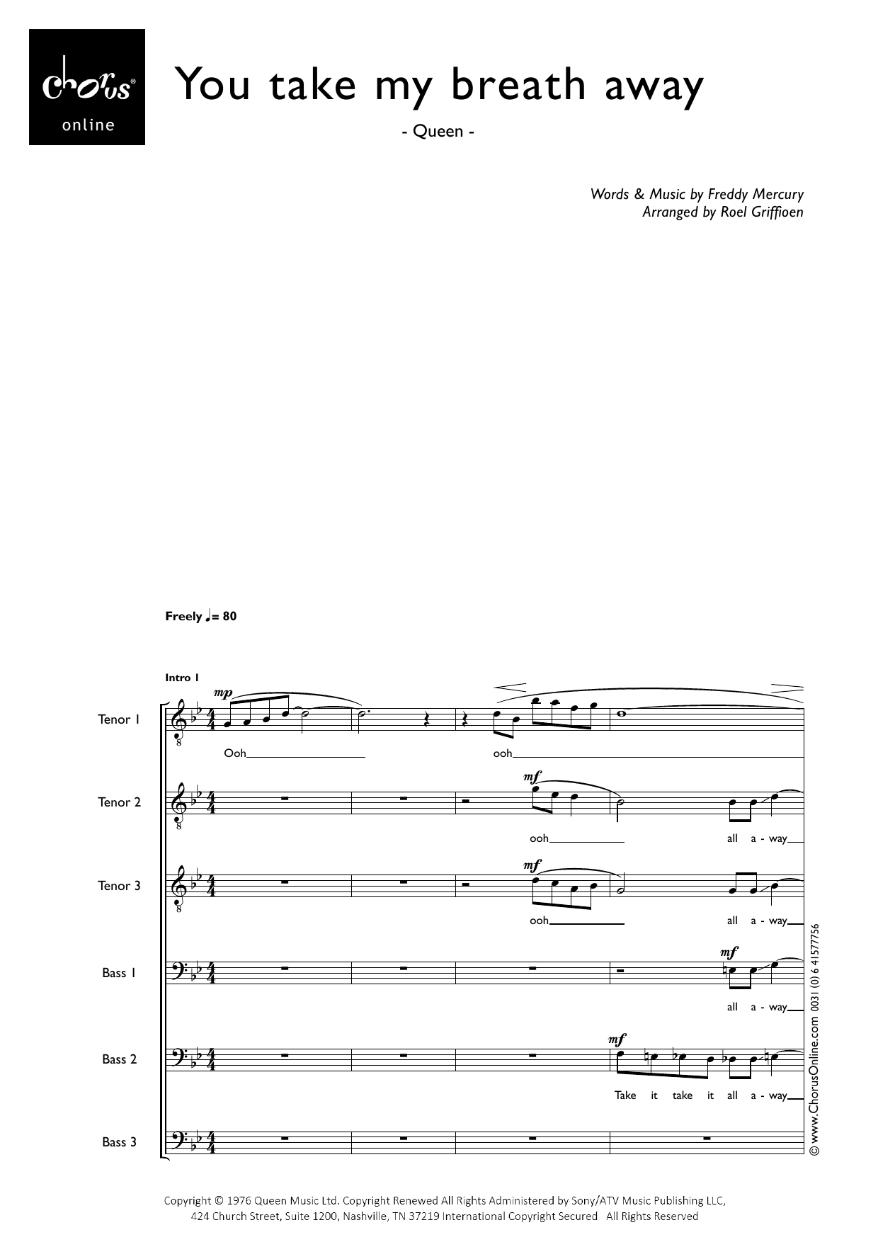 Queen You Take My Breath Away (arr. Roel Griffioen) sheet music notes printable PDF score