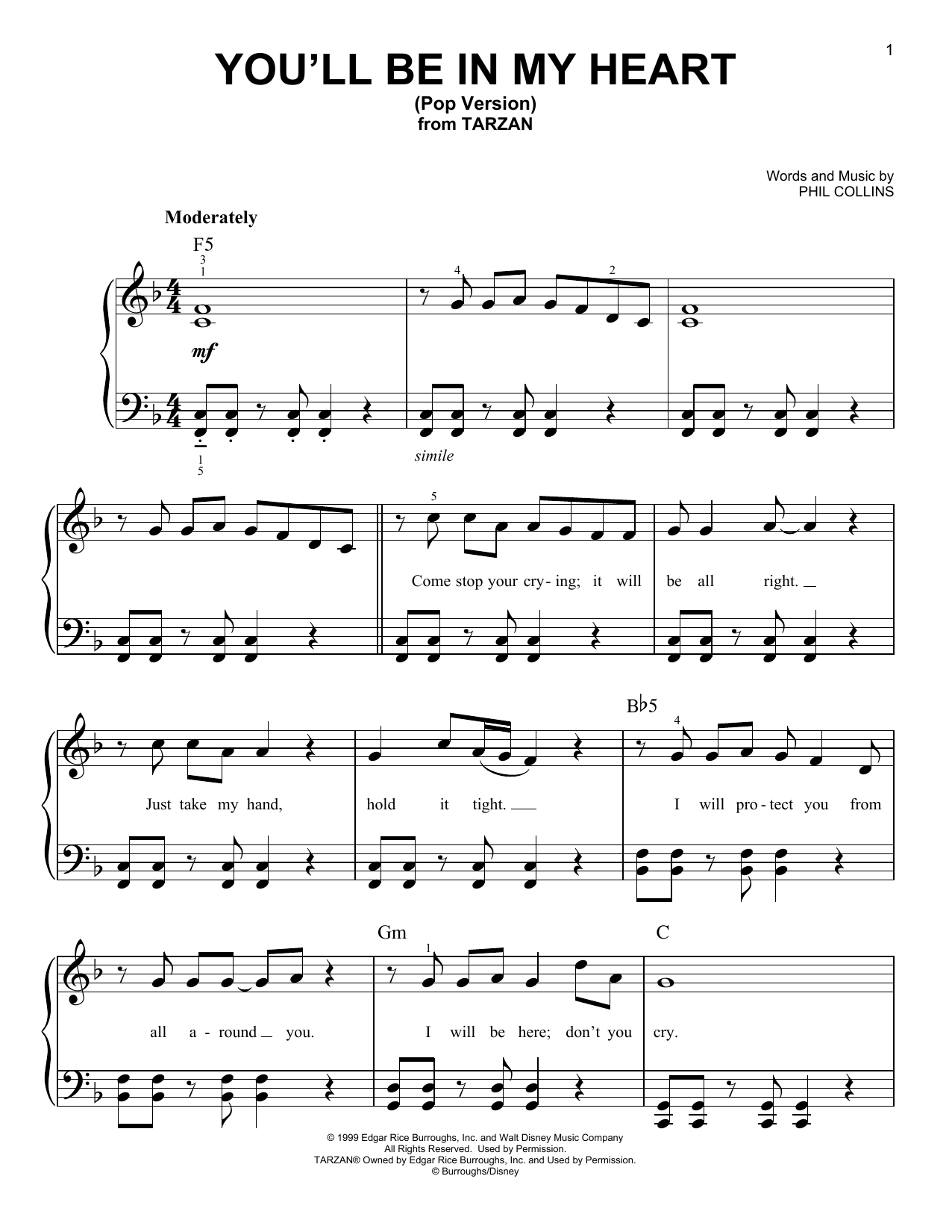 Download Phil Collins You'll Be In My Heart (Pop Version) Sheet Music