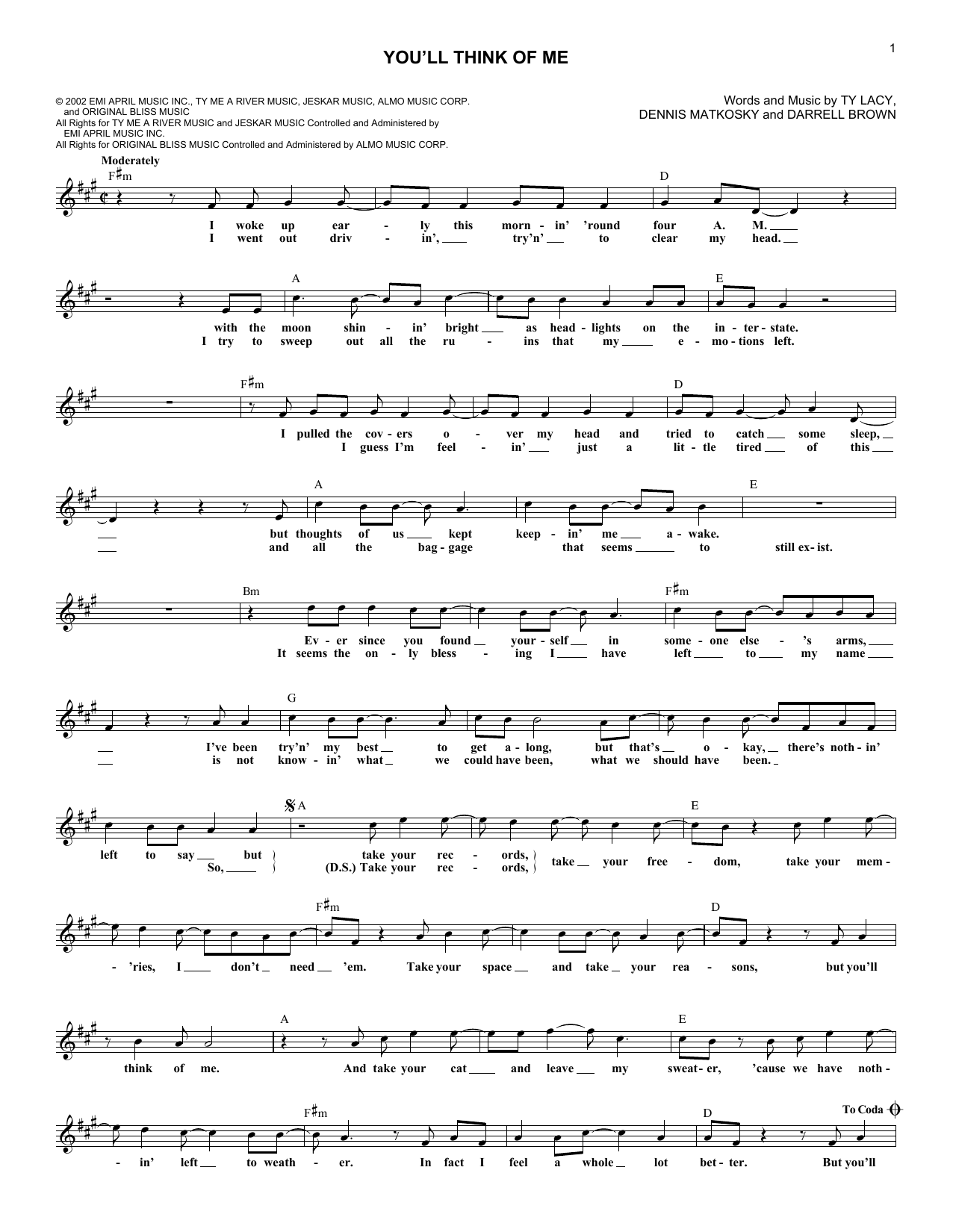 Download Keith Urban You'll Think Of Me Sheet Music