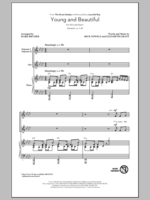 Download Lana Del Rey Young And Beautiful (arr. Mark Brymer) Sheet Music
