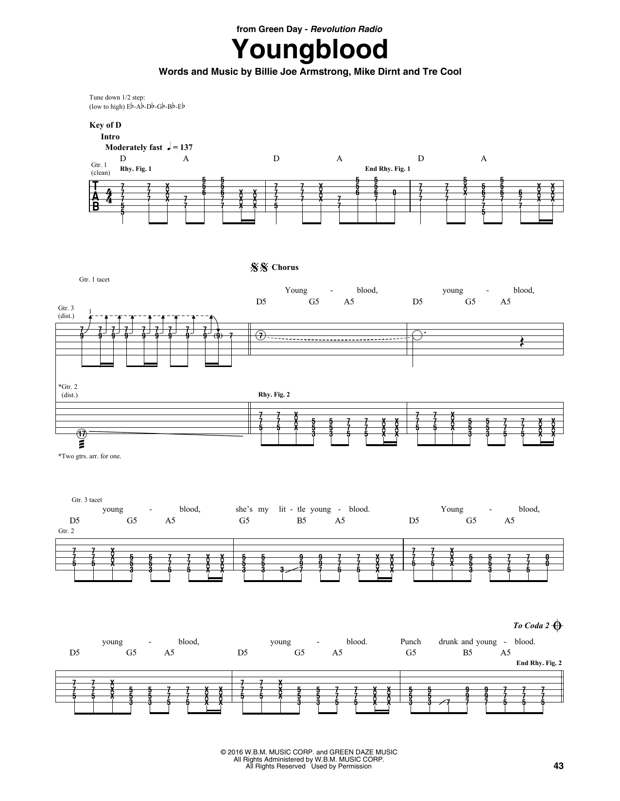 Download Green Day Youngblood Sheet Music