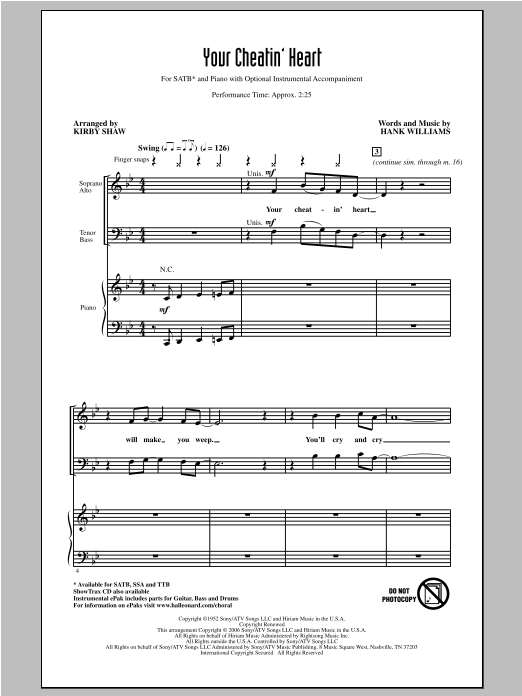 Download Patsy Cline Your Cheatin' Heart (arr. Kirby Shaw) Sheet Music