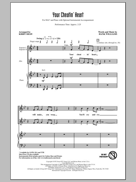 Download Patsy Cline Your Cheatin' Heart (arr. Kirby Shaw) Sheet Music