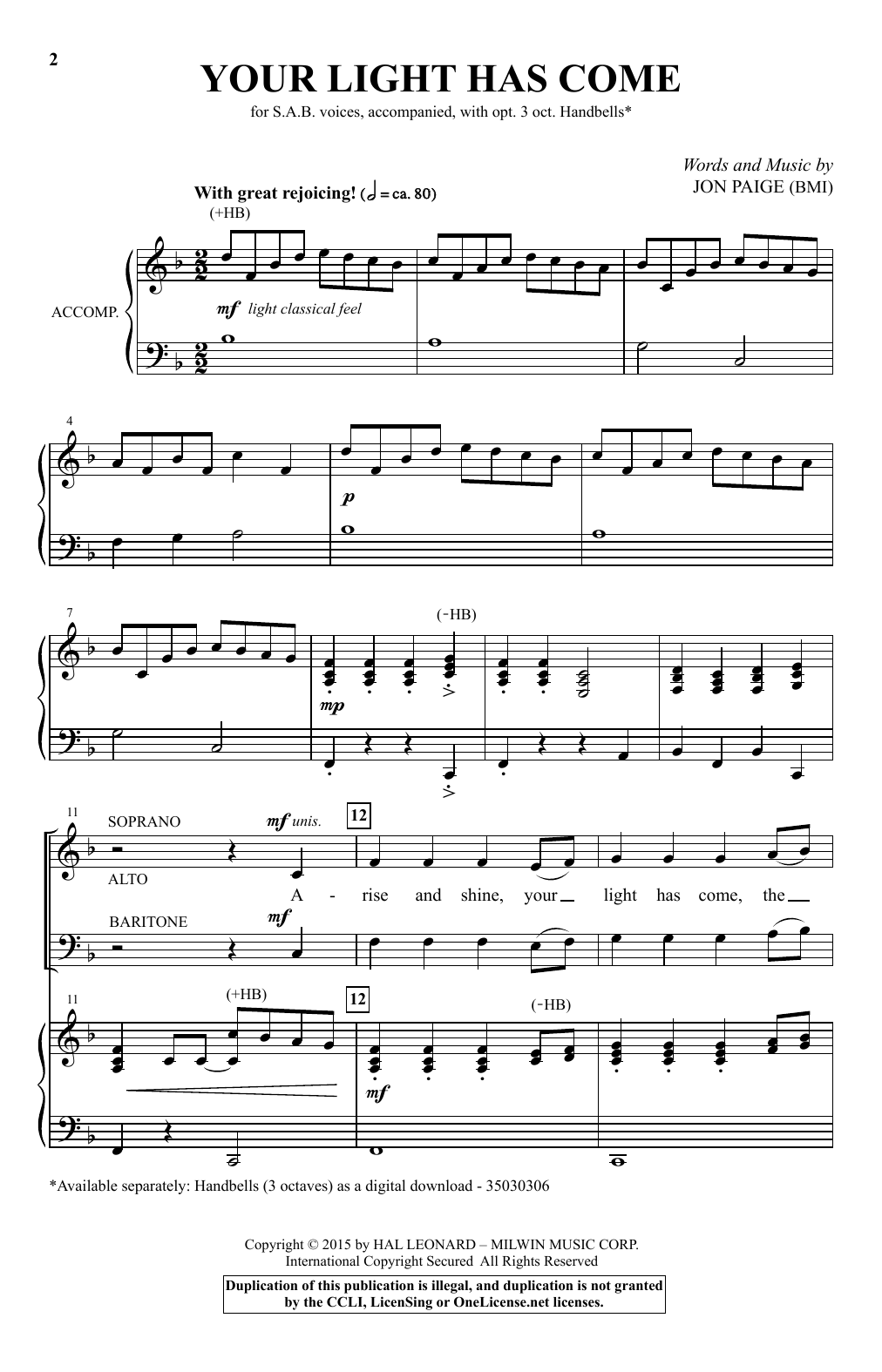 Download Jon Paige Your Light Has Come Sheet Music