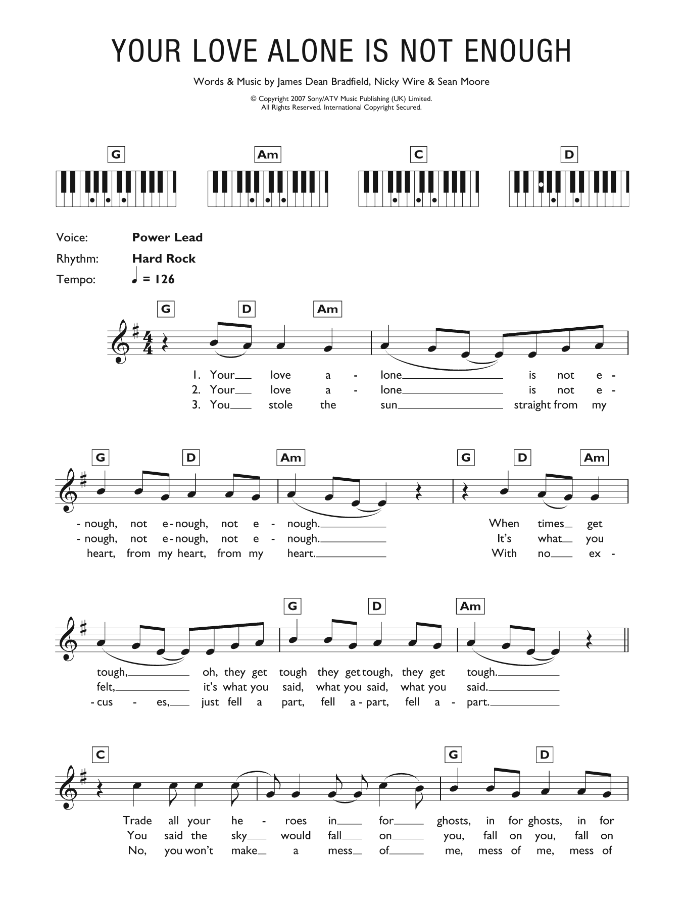 Download Manic Street Preachers Your Love Alone Is Not Enough Sheet Music