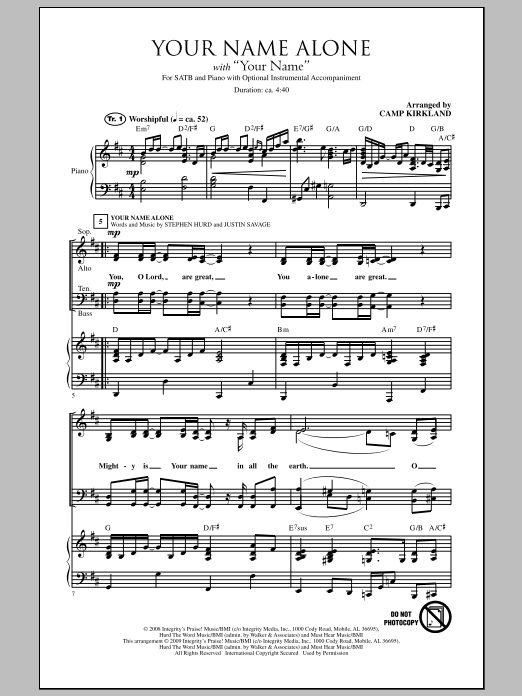 Download Camp Kirkland Your Name Alone (with Your Name) Sheet Music