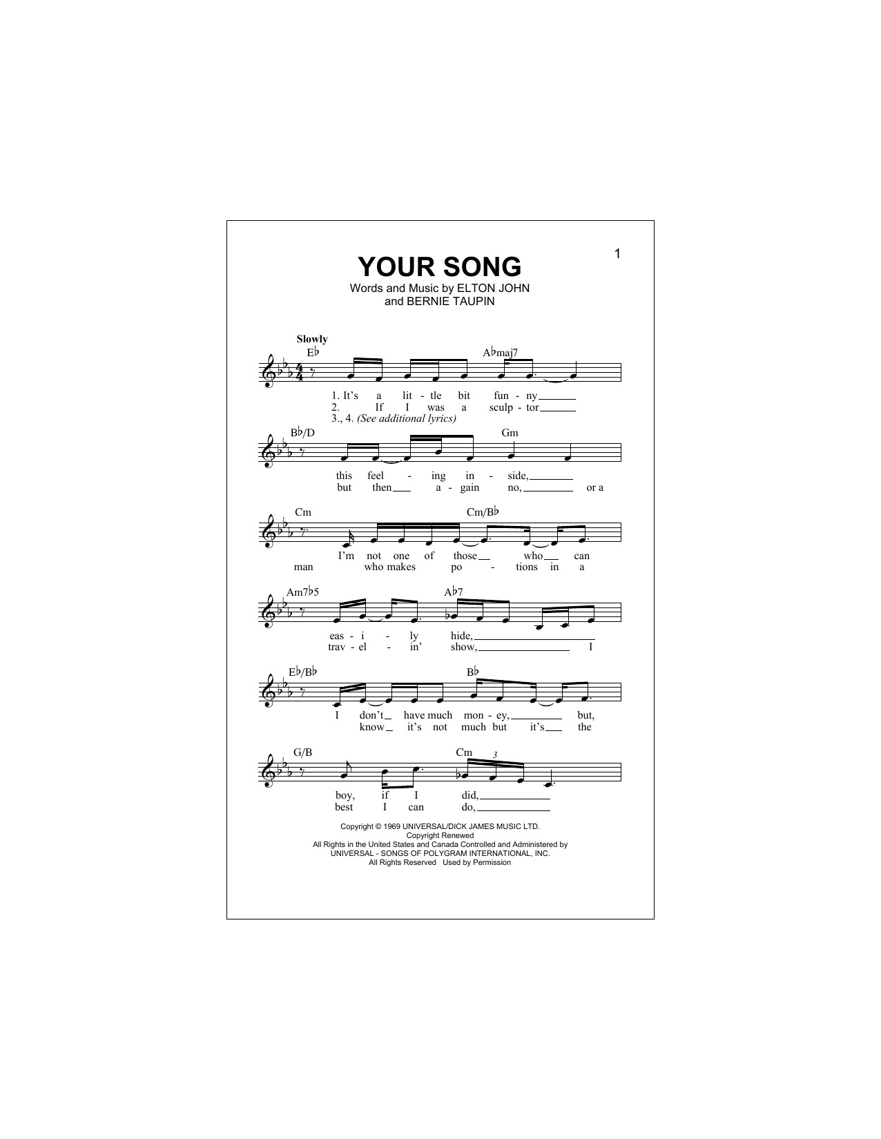 Download Elton John Your Song Sheet Music