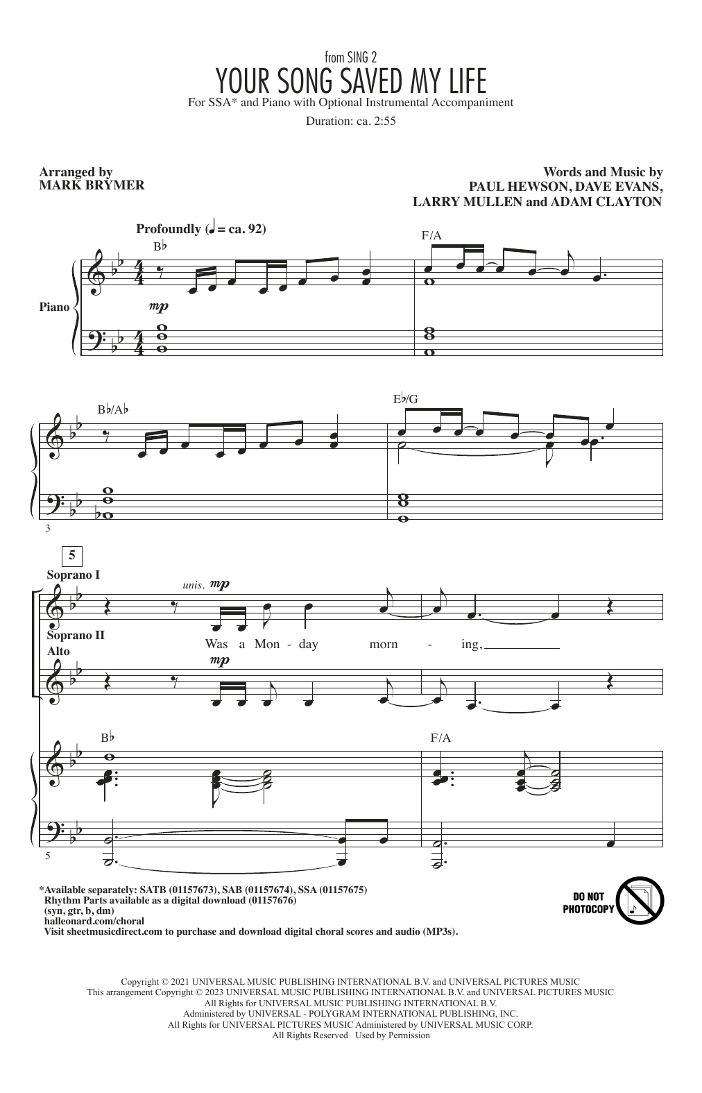 Download U2 Your Song Saved My Life (from Sing 2) ( Sheet Music
