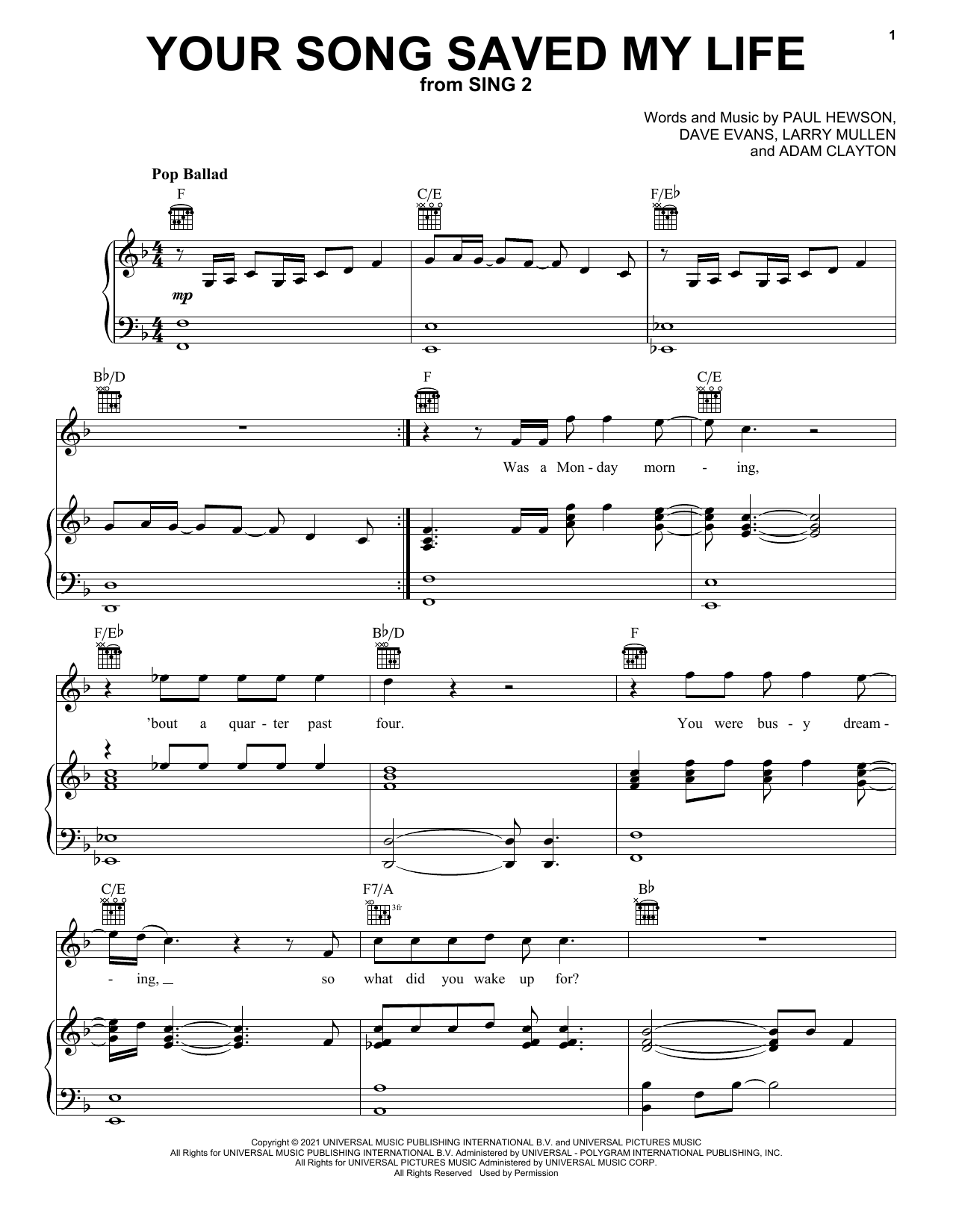 Download U2 Your Song Saved My Life (from Sing 2) Sheet Music