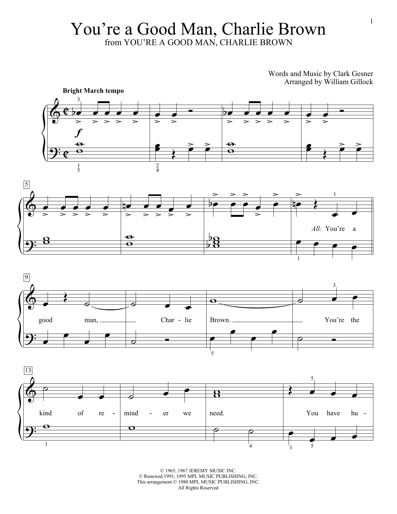 Download William Gillock You're A Good Man, Charlie Brown Sheet Music