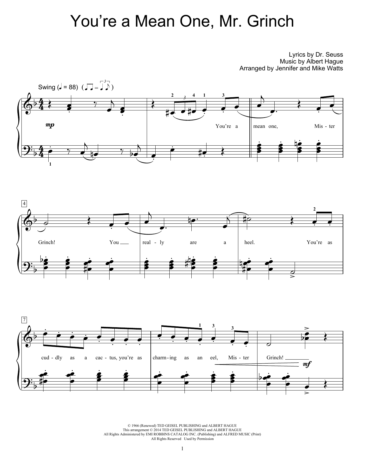 Download Jennifer Watts You're A Mean One, Mr. Grinch Sheet Music