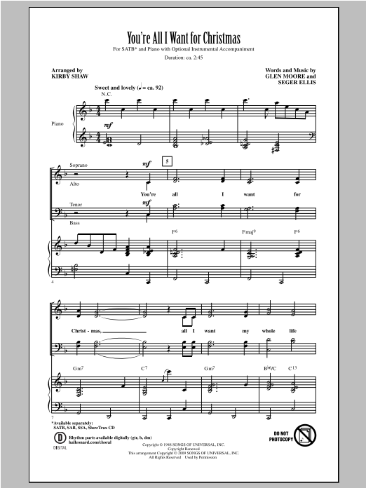 Download Bing Crosby You're All I Want For Christmas (arr. K Sheet Music