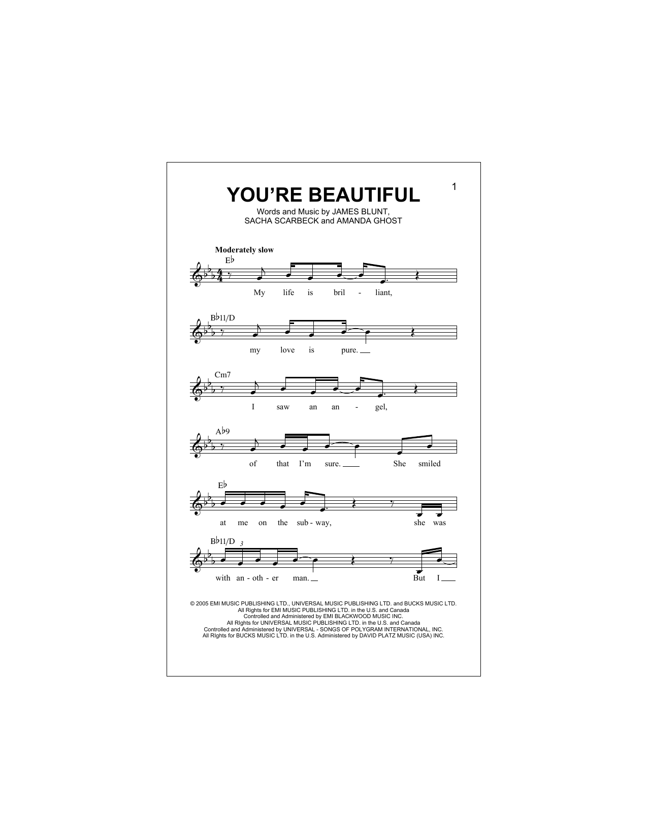 Download James Blunt You're Beautiful Sheet Music