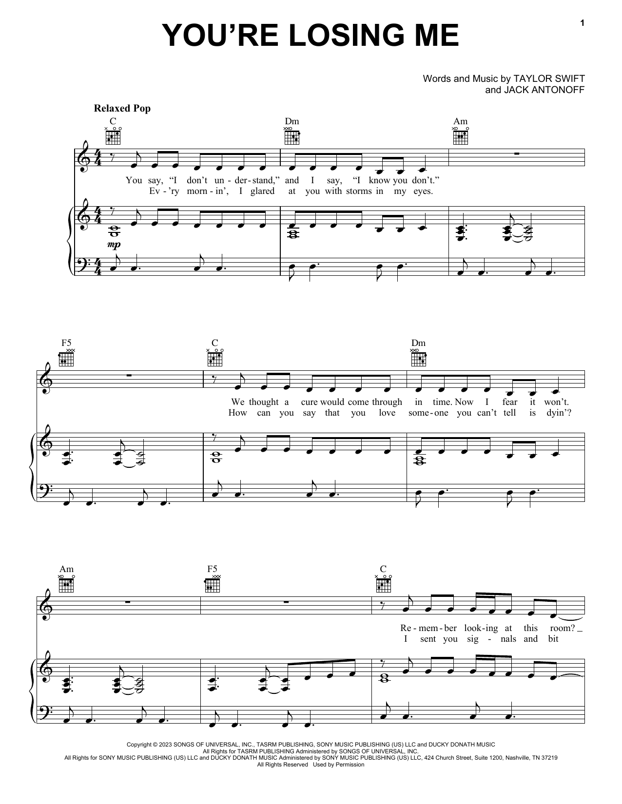 Taylor Swift You're Losing Me sheet music notes printable PDF score