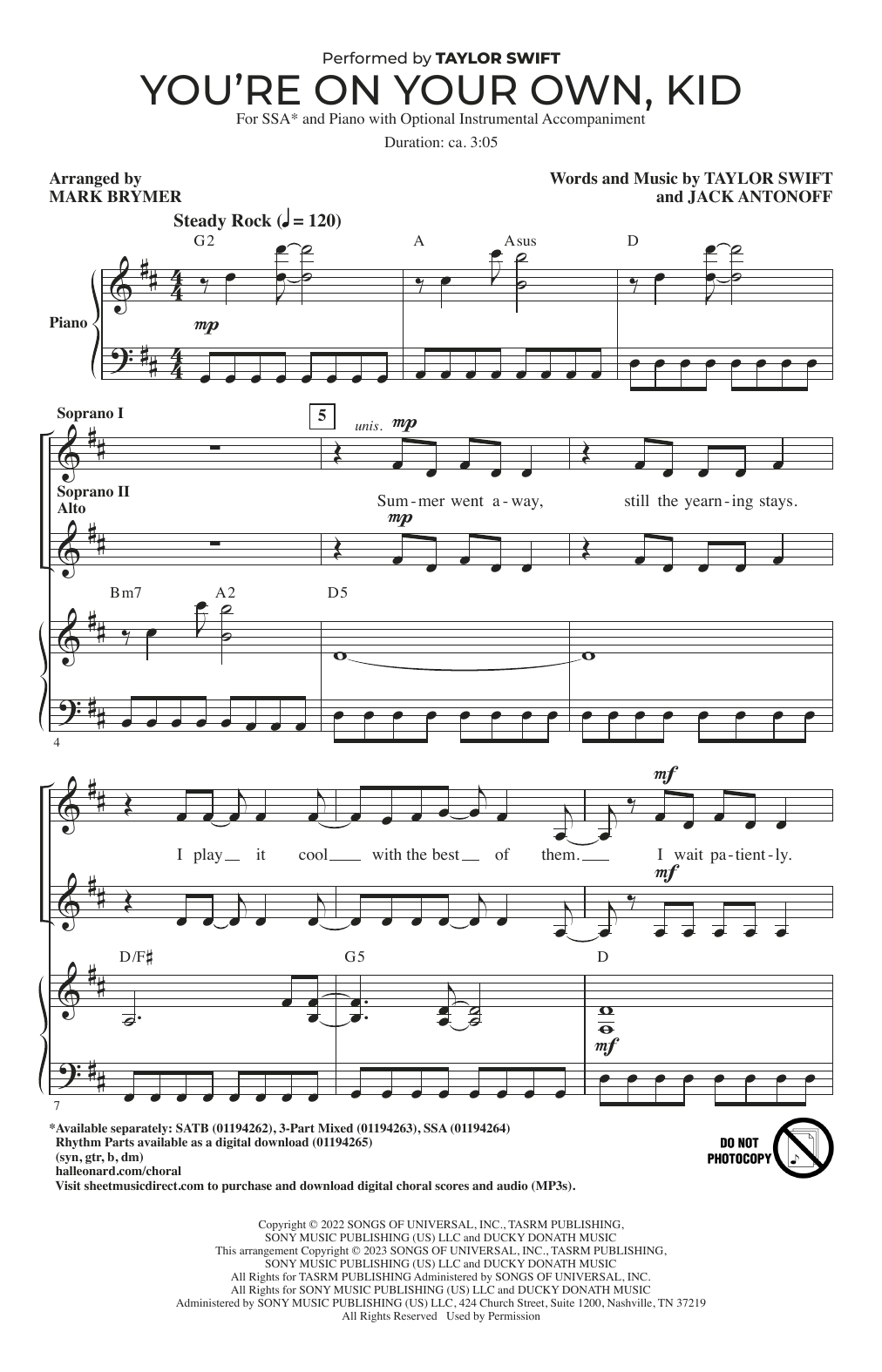 Download Taylor Swift You're On Your Own, Kid (arr. Mark Brym Sheet Music