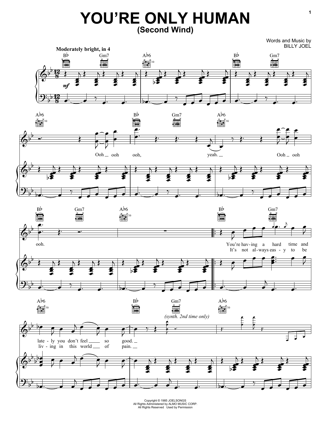 Download Billy Joel You're Only Human (Second Wind) Sheet Music