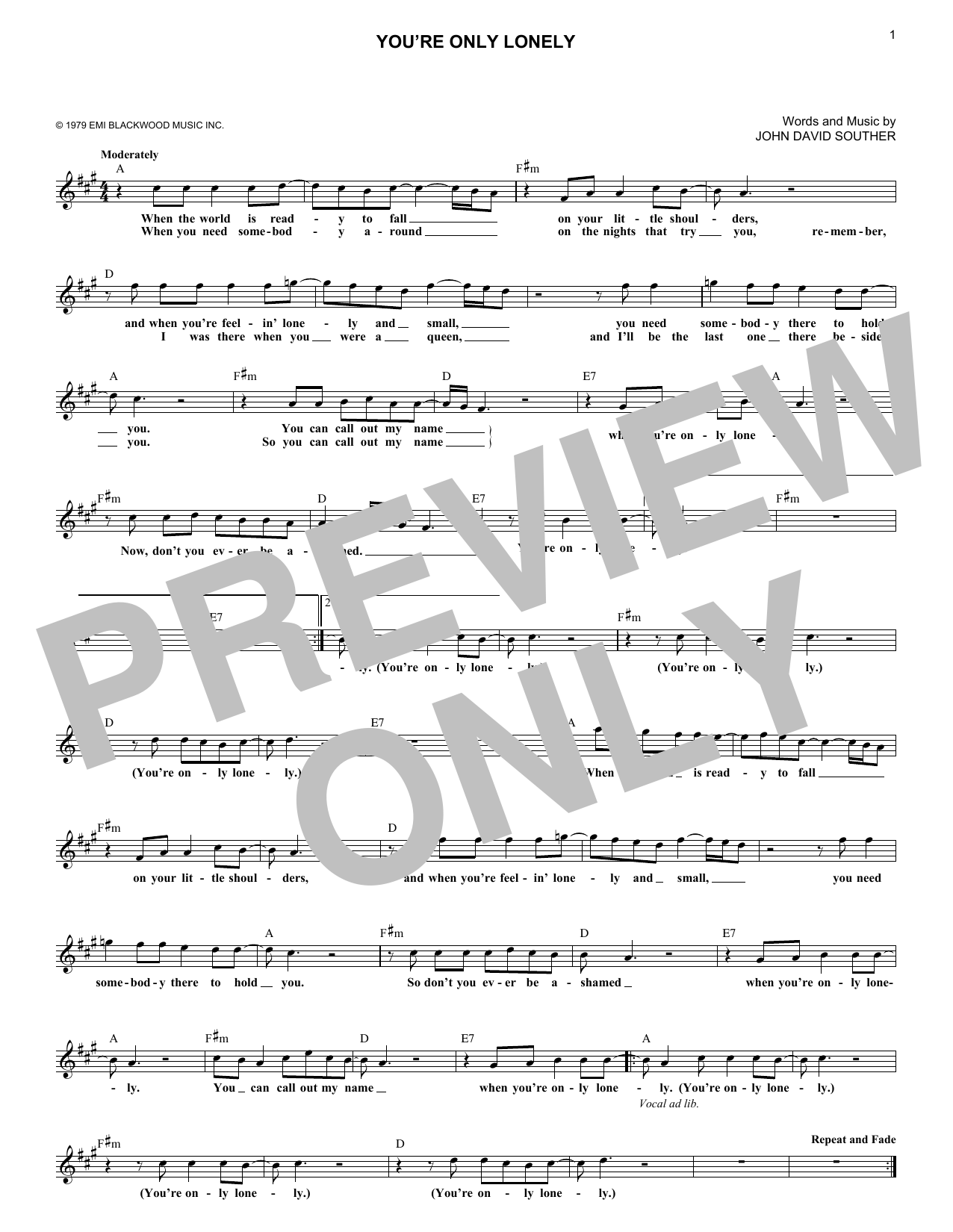 Download J.D. Souther You're Only Lonely Sheet Music