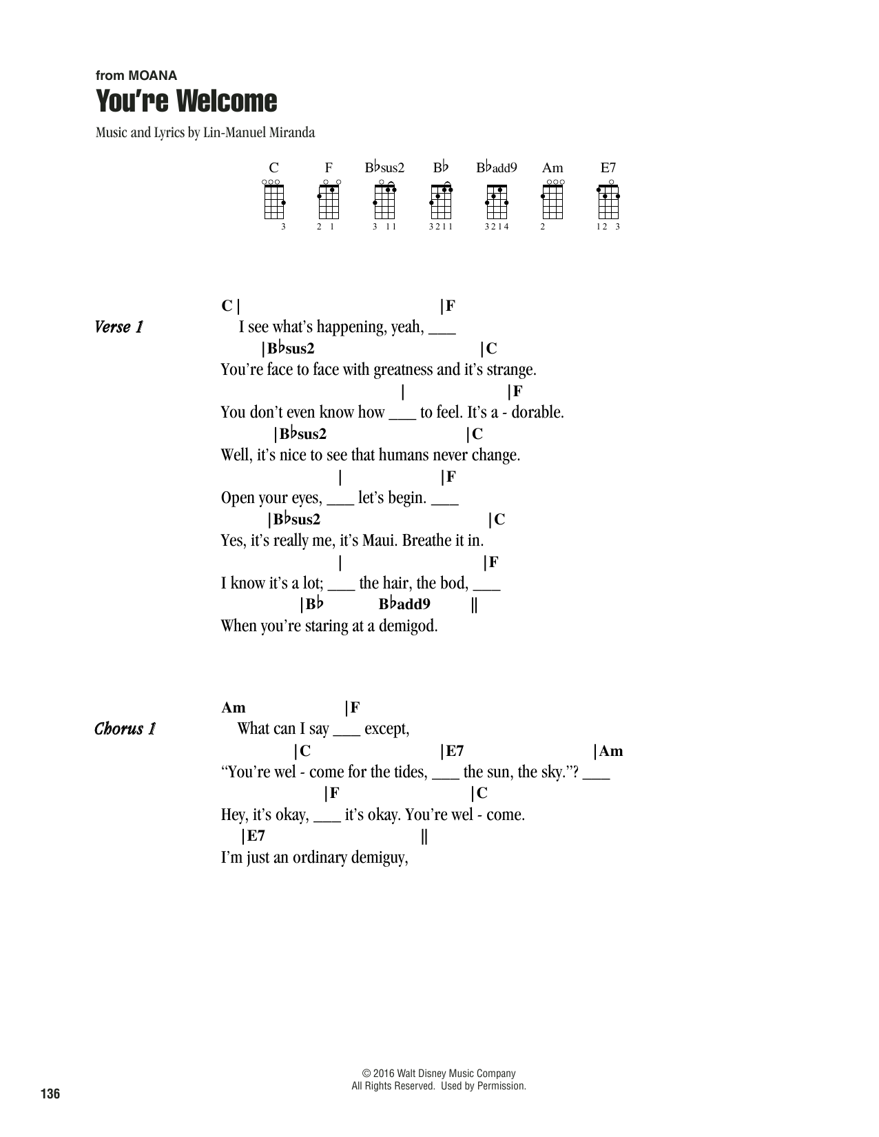 Lin-Manuel Miranda You're Welcome (from Moana) sheet music notes printable PDF score