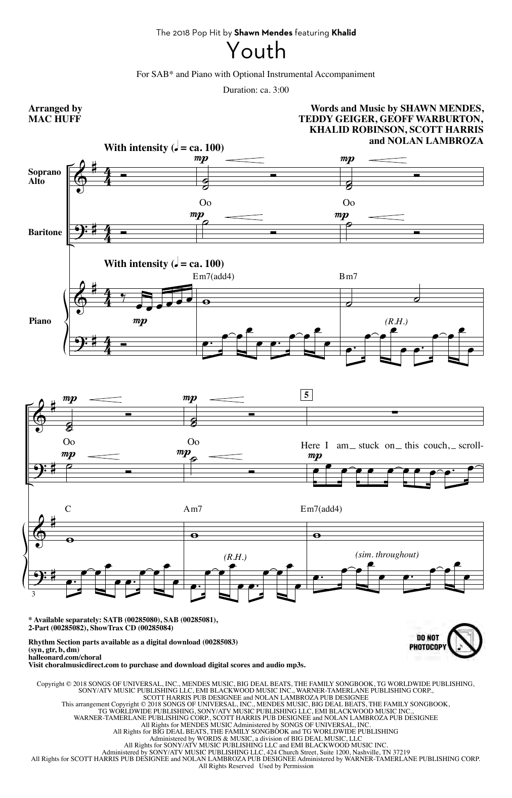 Download Shawn Mendes Youth (feat. Khalid) (arr. Mac Huff) Sheet Music