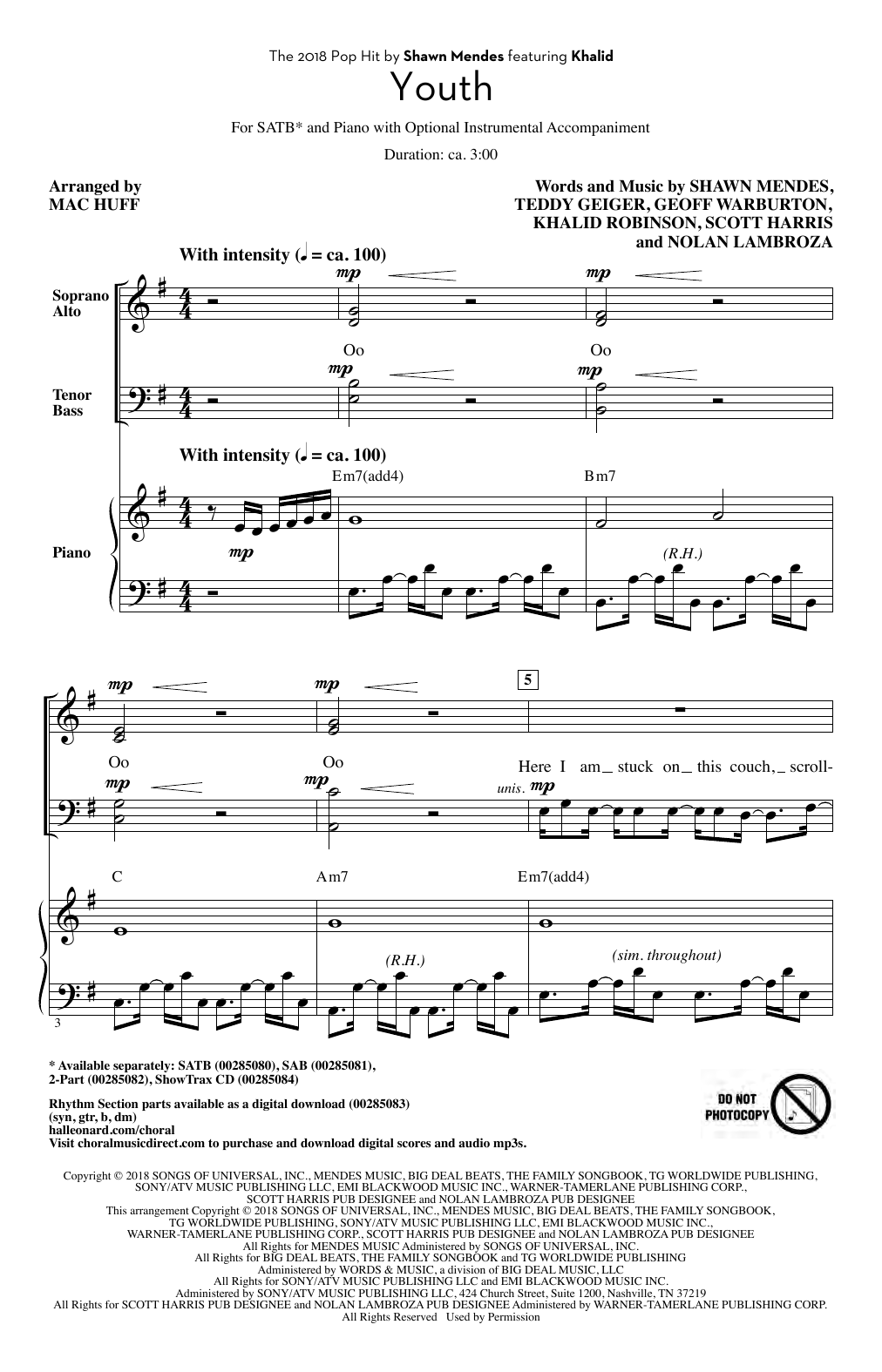 Download Shawn Mendes Youth (feat. Khalid) (arr. Mac Huff) Sheet Music