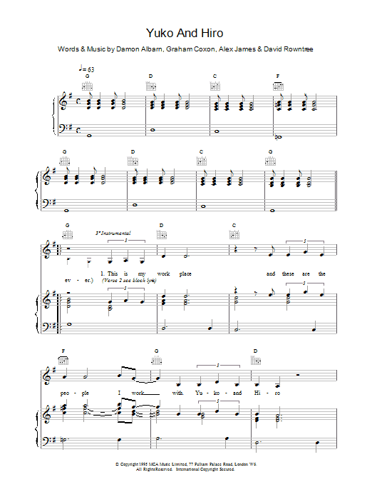 Blur Yuko and Hiro sheet music notes printable PDF score