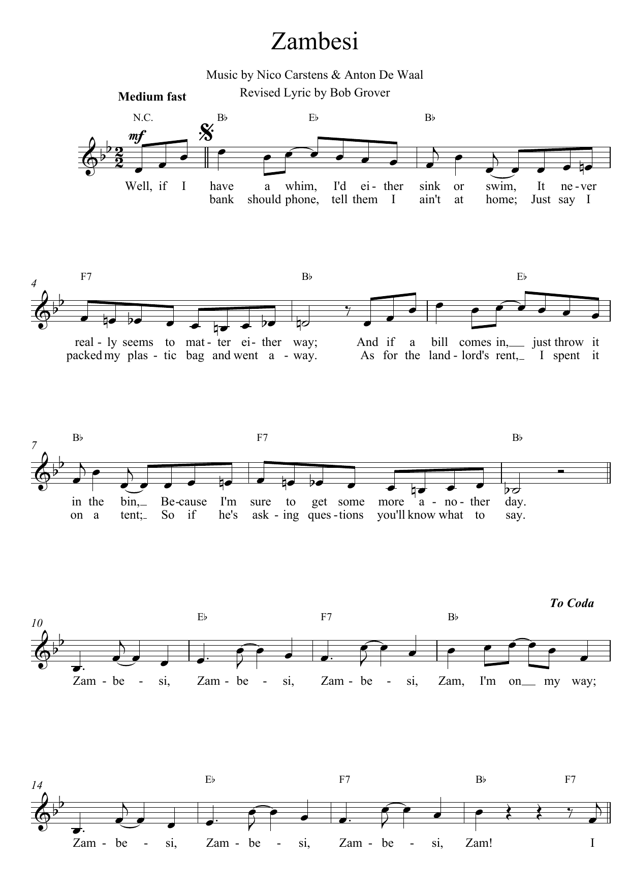 Nico Carstens Zambesi sheet music notes printable PDF score