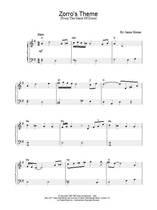 James Horner Zorro's Theme (from The Mask Of Zorro) sheet music notes printable PDF score