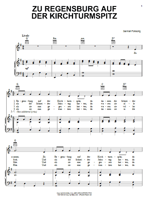 Download German Folk Song Zu Regensburg Auf Der Kirchturmspitz Sheet Music