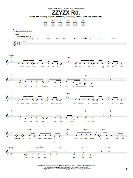Download Stone Sour ZZYZX Rd. Sheet Music